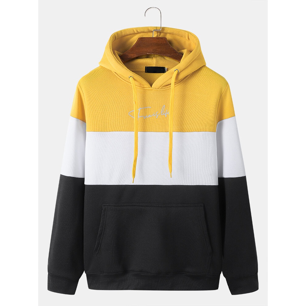 Men Color Block Strip Patchwork Kangaroo Pocket Letter Drawstring Hooded Sweatshirt - Yellow M