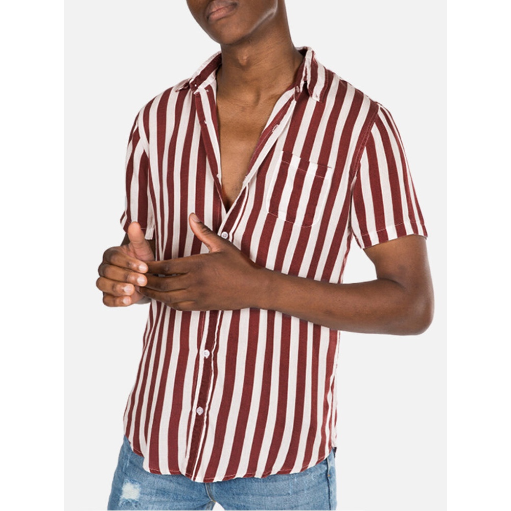 Men Vertical Stripe Turn-down Collar Short Sleeve Shirts - 2XL Yellow