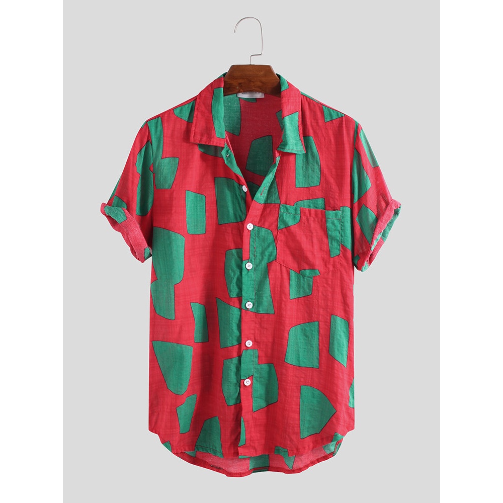 Mens Contrast Color Blocks Summer Fashion Printing Shirts - 3XL Red