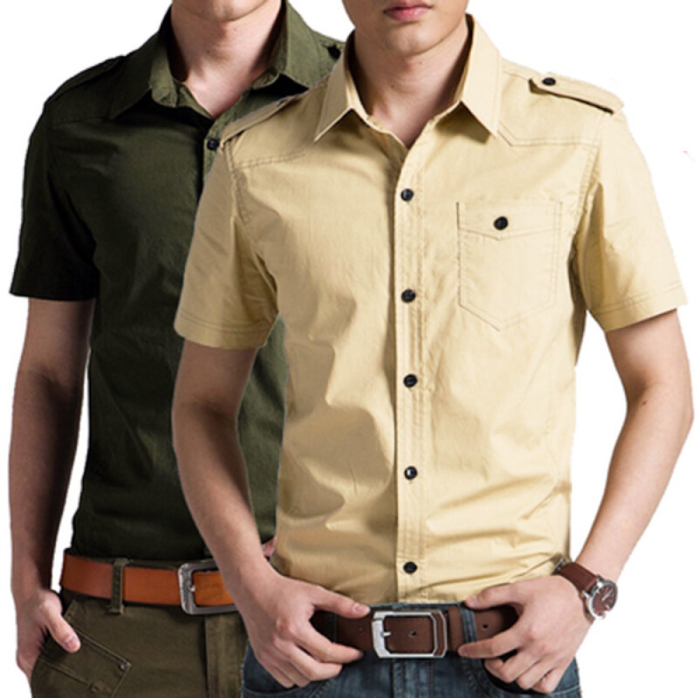 Mens Military Style Eplaulet Short Sleeve Solid Color Shirts - M Khaki