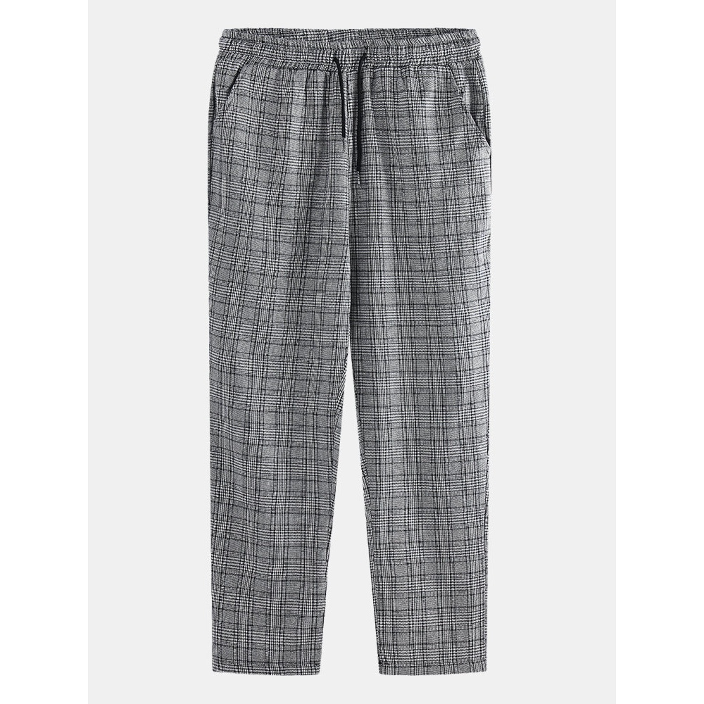 Mens Plaid Drawstring Elastic Waist Straight Pants With Pocket - Yellow S