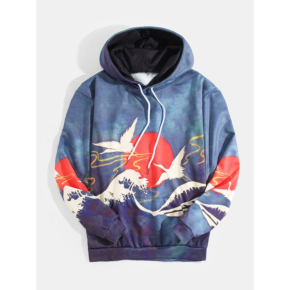 Mens Ukiyoe Style Landscape Pattern Kangaroo Pocket Long Sleeve Hoodies - M Dark Grey
