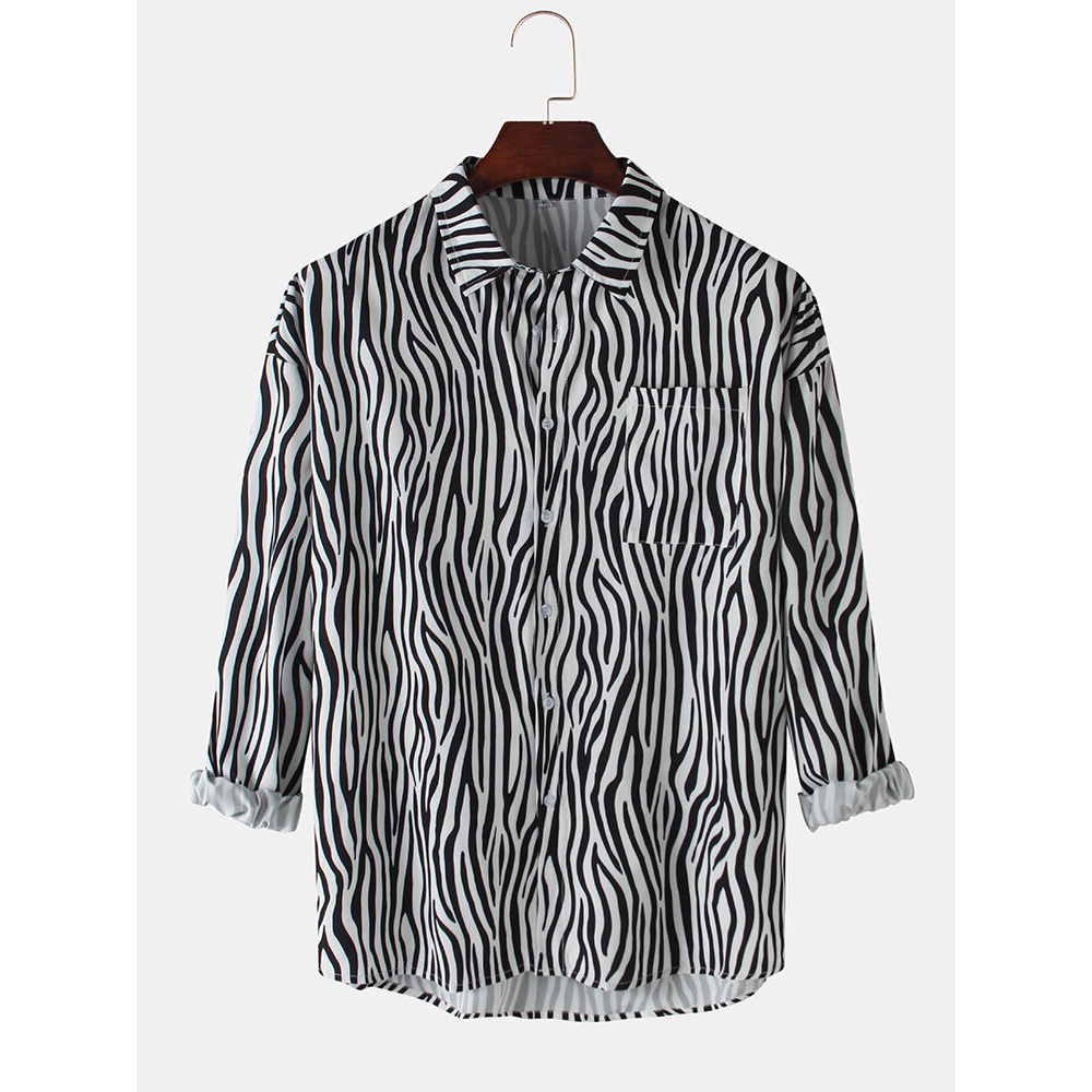 Mens Zebra Printing Cotton Lapel Long Sleeve Curved Hem Regular Fit Shirts With Pocket - Black L
