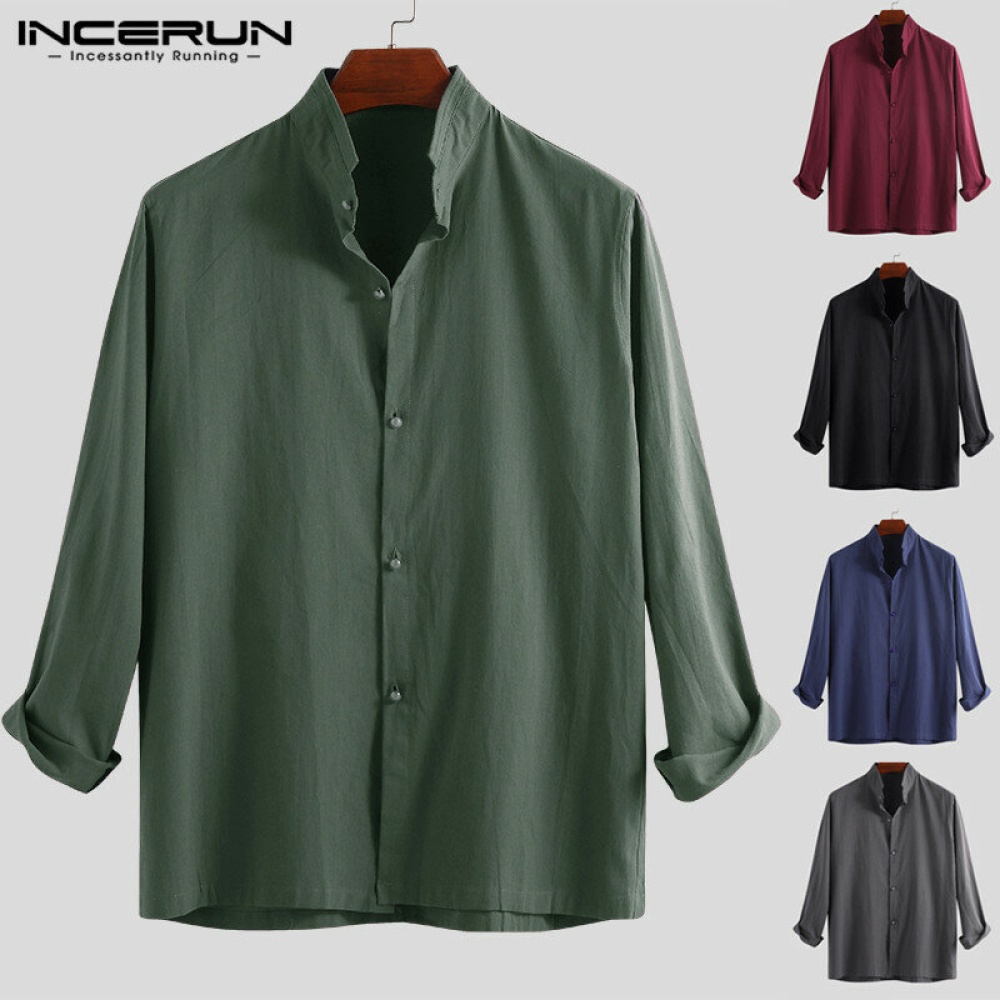 Men's Vintage Long Sleeve Linen Tops Loose Yoga Button Shirt Traditional Blouses - M Black