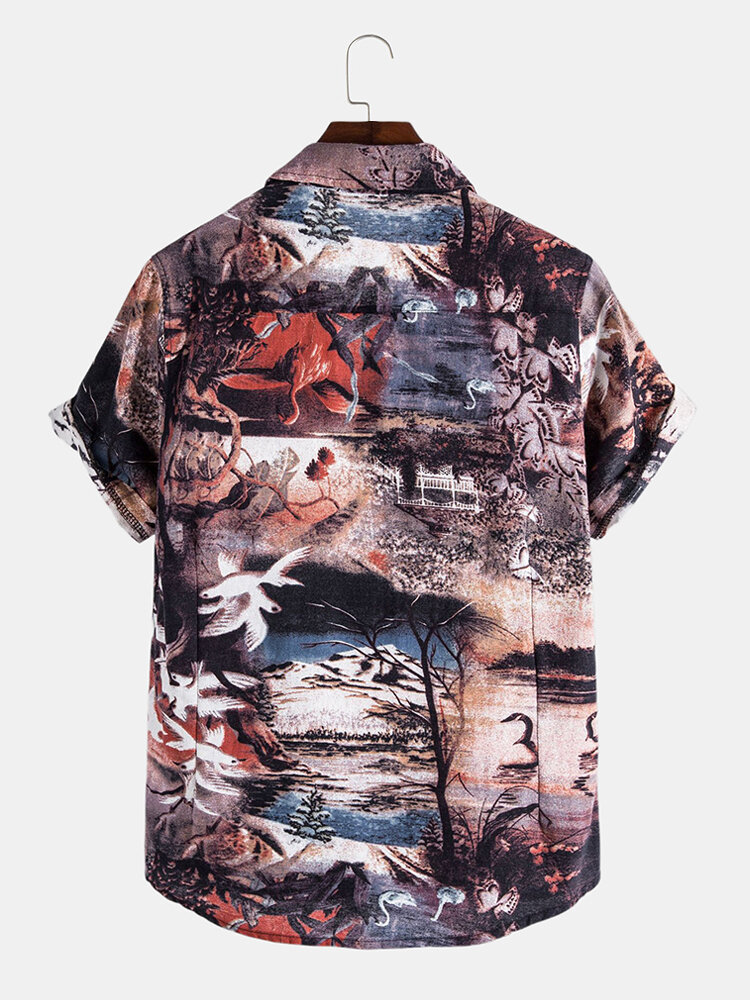 Mens Casual Landscape Print Multi Pattern Turn Down Collar Shirts - Black L - Image 2