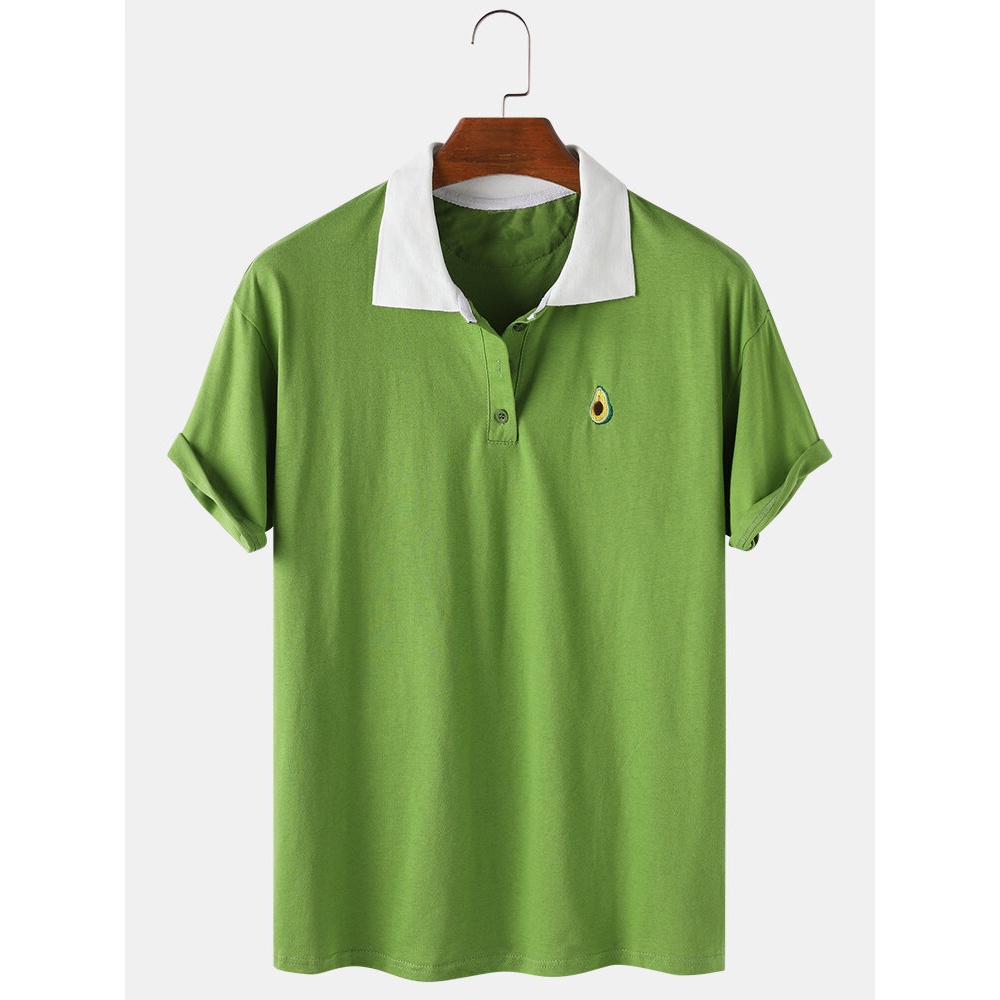 Mens Cotton Fruit Embroidered Loose Light Lapel Collar Golf Shirts - White S