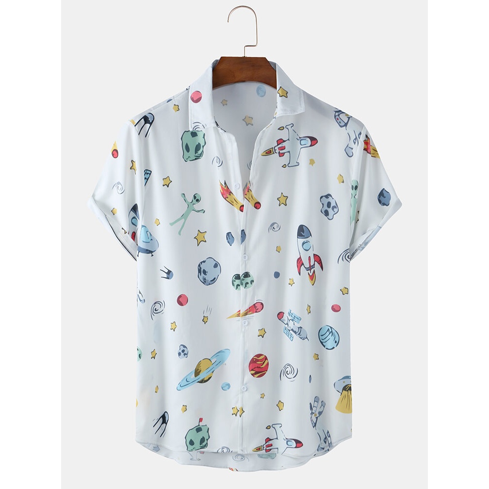 Mens Casual Space Cartoon Funny Breathable Short Sleeve Shirts - White 2XL