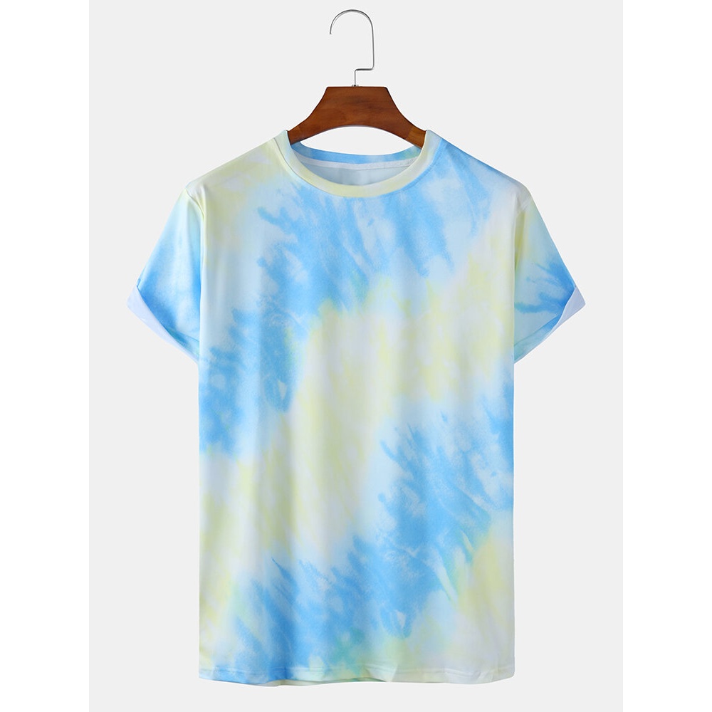 Mens Tie-Dye Print Light Casual Round Neck Short Sleeve T-Shirts - Yellow S