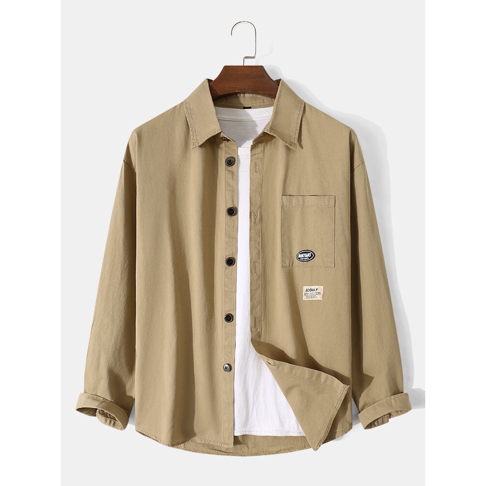 Men Retro Solid Cargo Sign Curved Hem Chest Pocket Casual Shirts - Khaki M