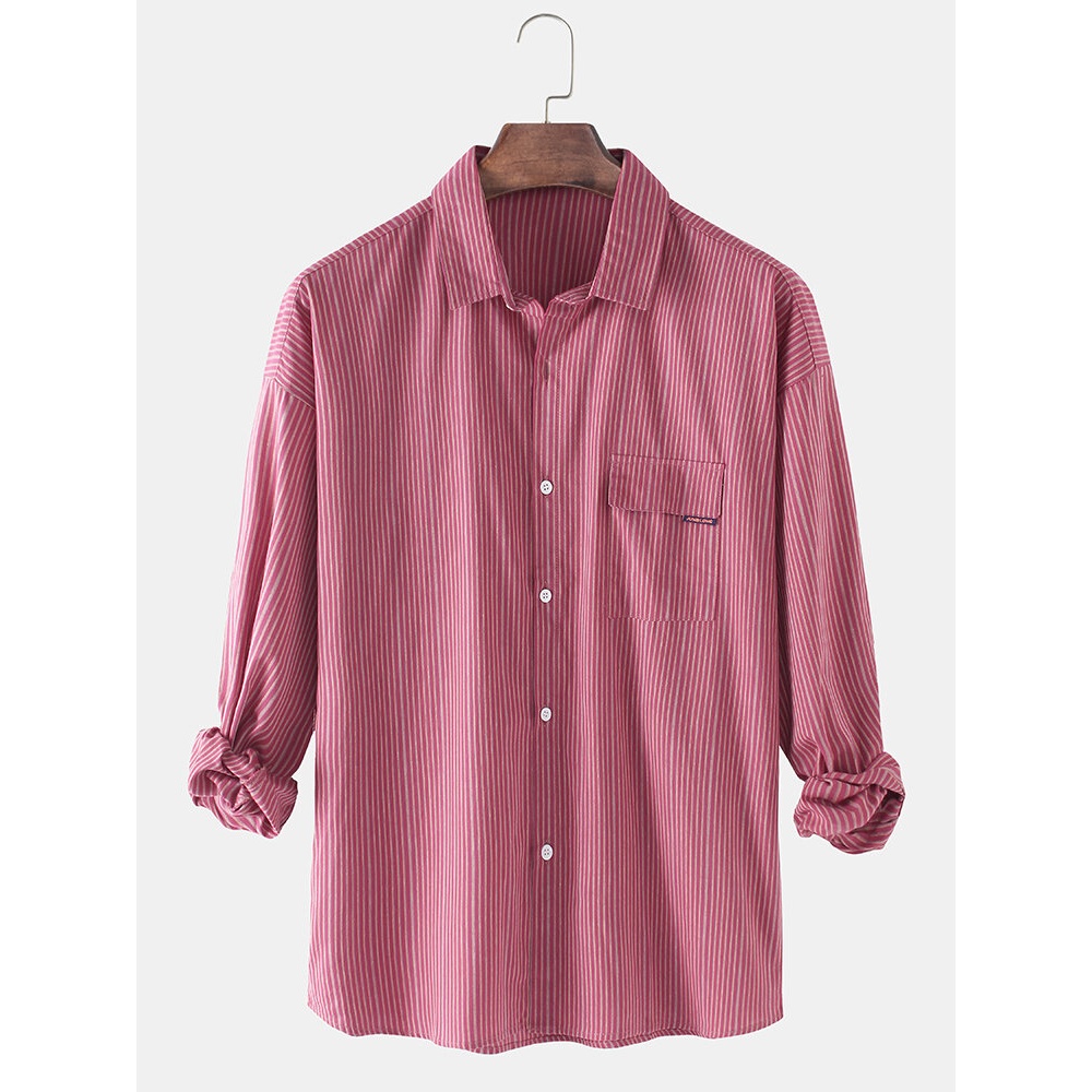 Mens Stripe Chest Pocket Lapel Collar Breathable Long Sleeve Cotton Shirts - Yellow XL