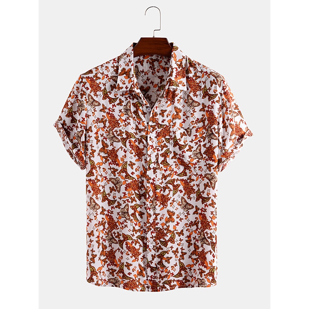 Mens Butterfly Print Turn Down Collar Short Sleeve Shirts - Green XL