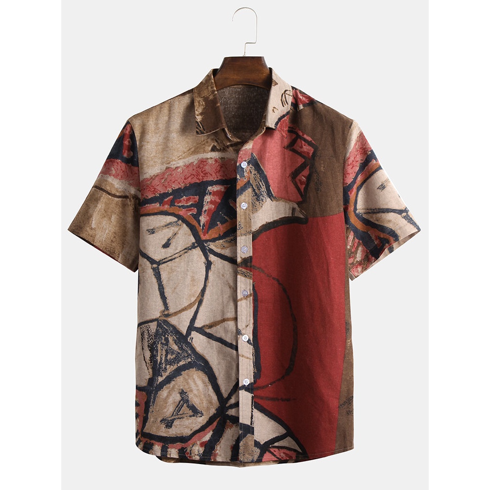 Mens Summer Abstract Printed 100% Cotton Short Sleeve Shirts - M Green