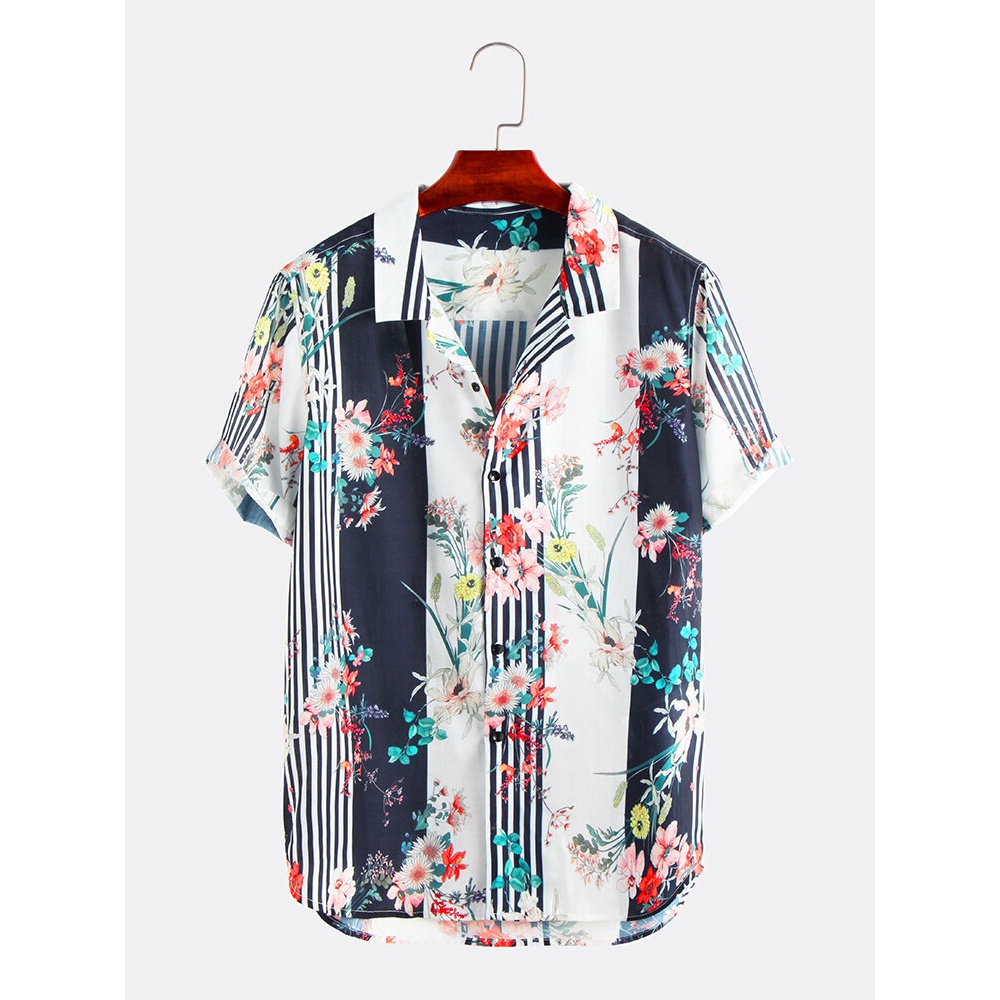 Flowers Stripe Mixed Print Short Sleeve Shirts - 3XL White