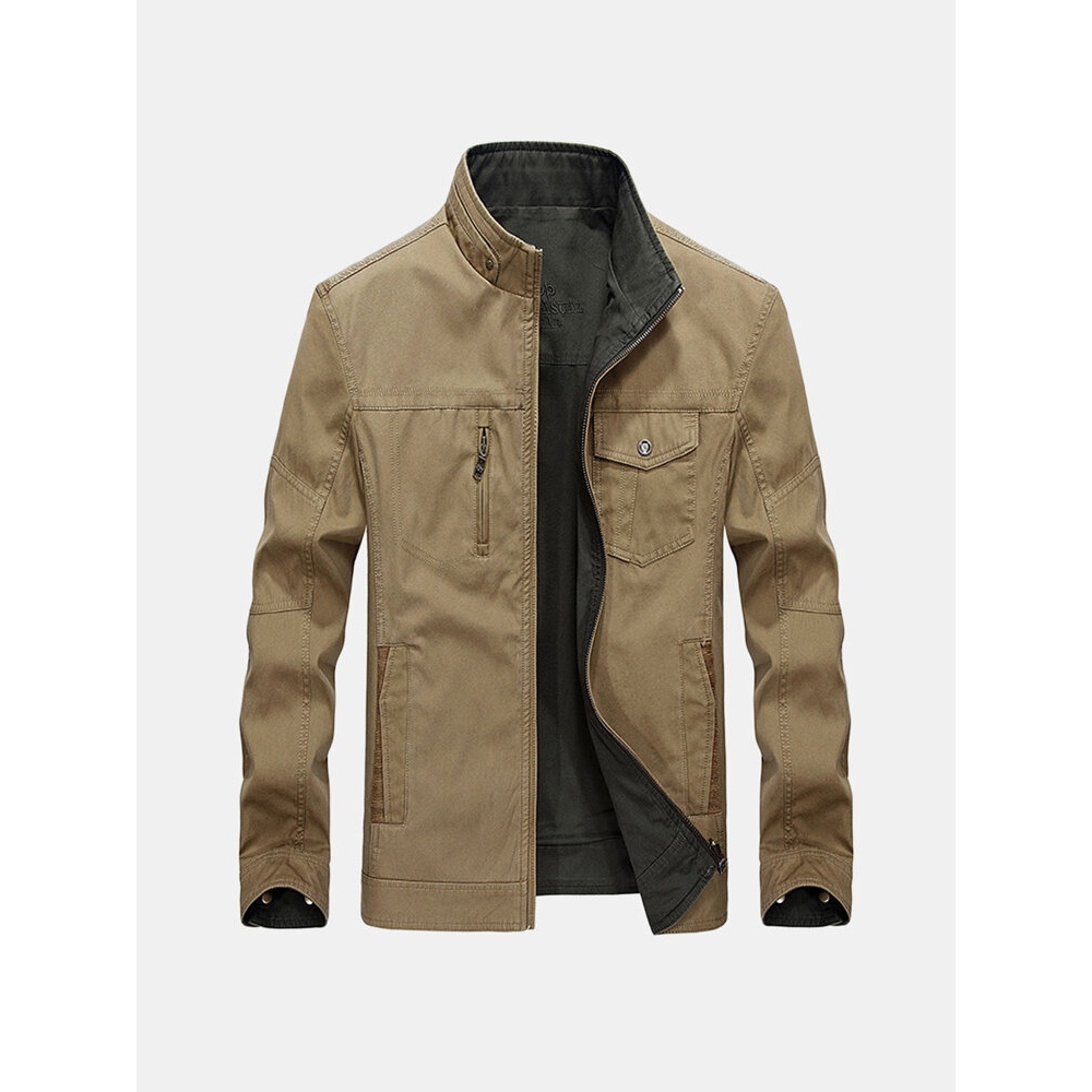 Mens 100% Cotton Two Side Plus Size Loose Windproof Jacket - XL Khaki