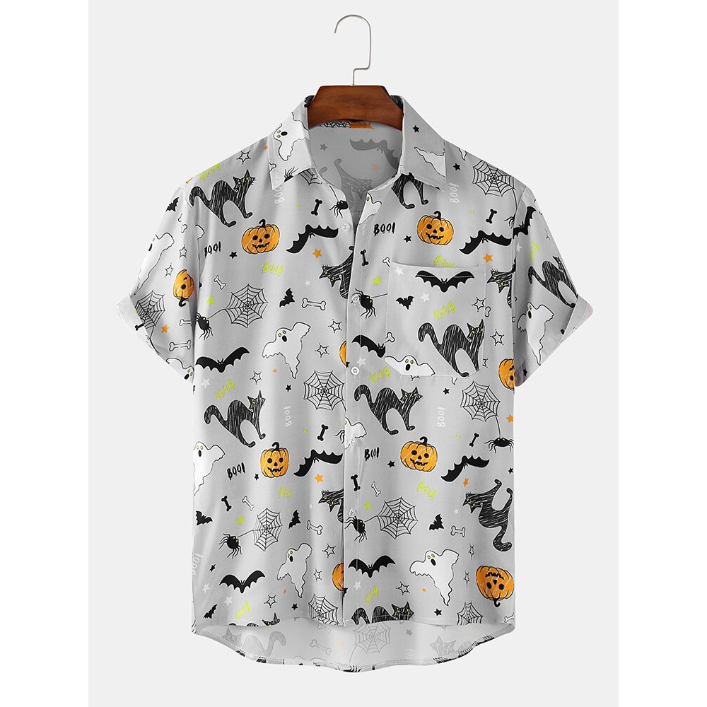 Cartoon Print Turn Down Collar Short Sleeve Shirts - Blue M