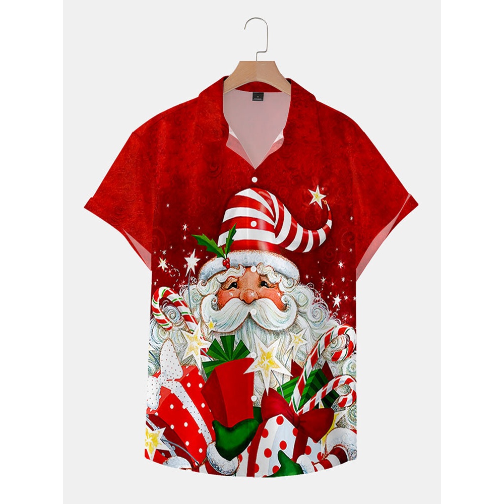 Men  Santa Claus Lapel Collar Short Sleeve Casual Shirts - Red M