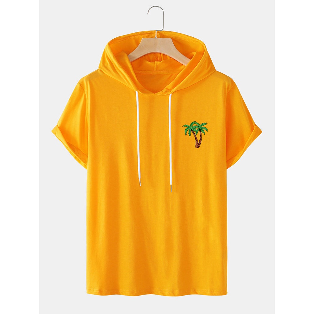 Mens Coconut Tree Hooded Chest Print Casual T-Shirts - Black XL