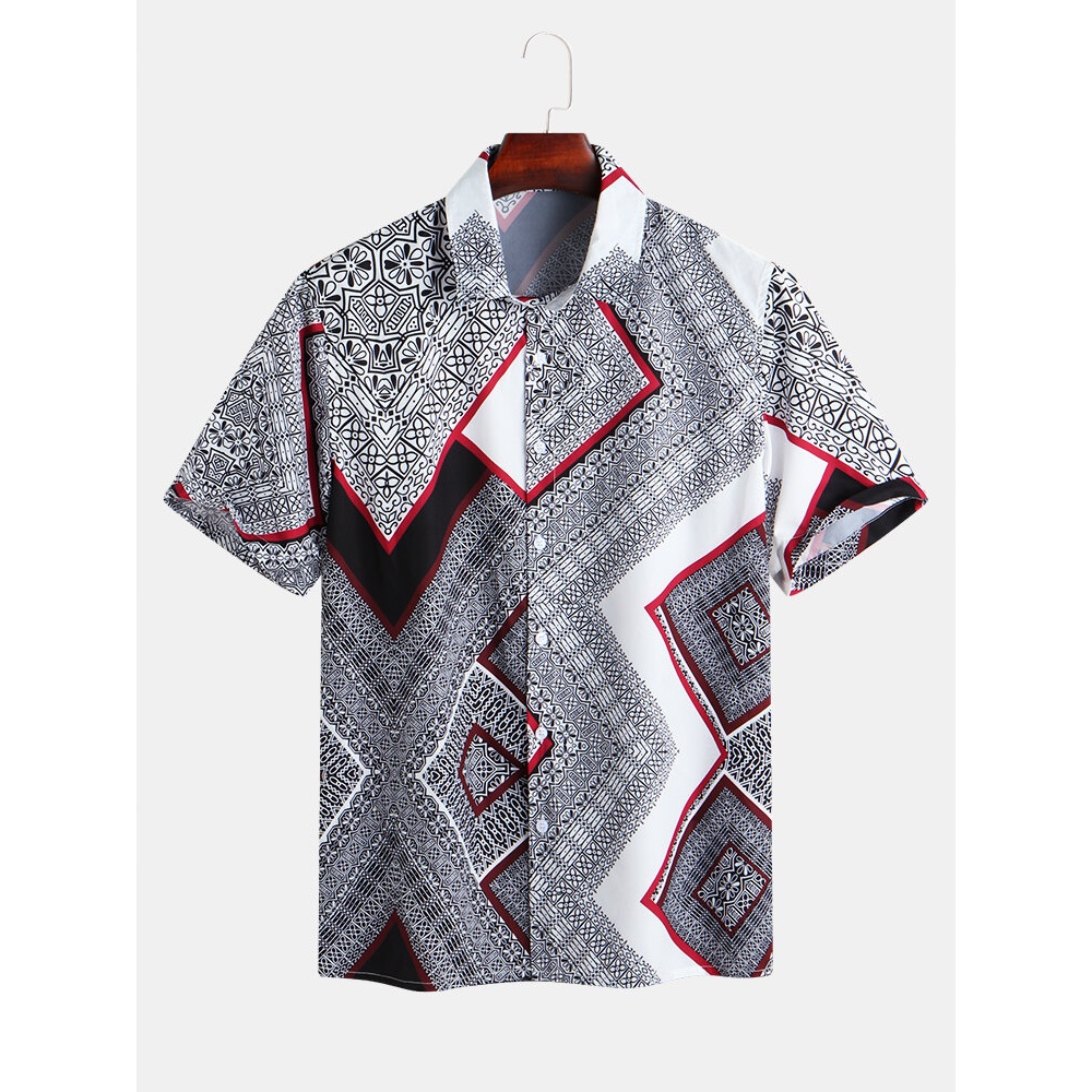 Men Geometric Pattern Print Short Sleeve Hawaiian Shirts - 2XL Black