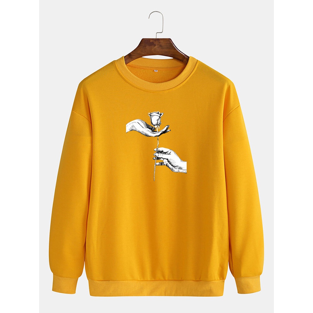 Mens Cotton Rose Print Pullover Drop Shoulder Long Sleeve Sweatshirts - Yellow S