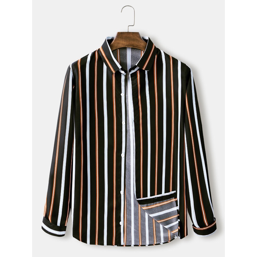 Mens Stripe Print Lapel Collar Button Up Long Sleeve Casual Shirts - Dark Blue M