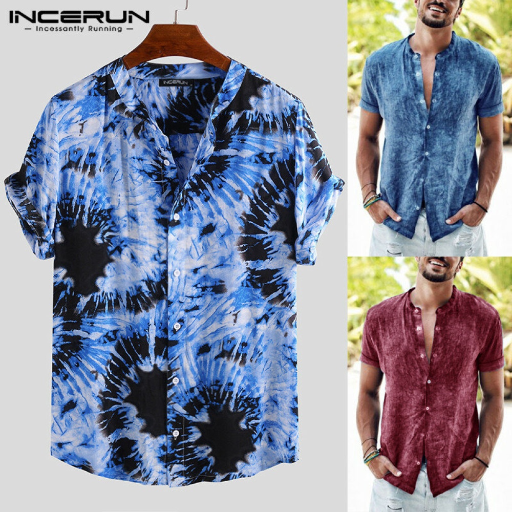 Men's Tie Dye Short Sleeve T-shirt Casual Floral Printed Beach Holiday Tops Tees - S Blue