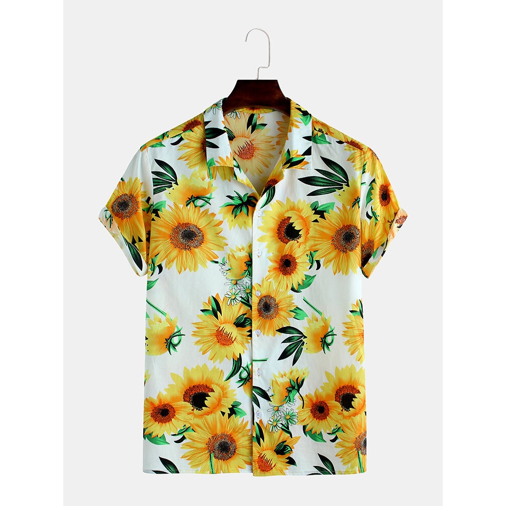 Men Sunflower Printed Hawaiian Style Cotton Short Sleeve - 3XL White