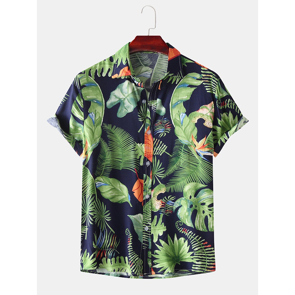 Men Fashion Plant Leaves Print Turn Down Collar Hawaii Beach Short Sleeve Shirts - Navy L