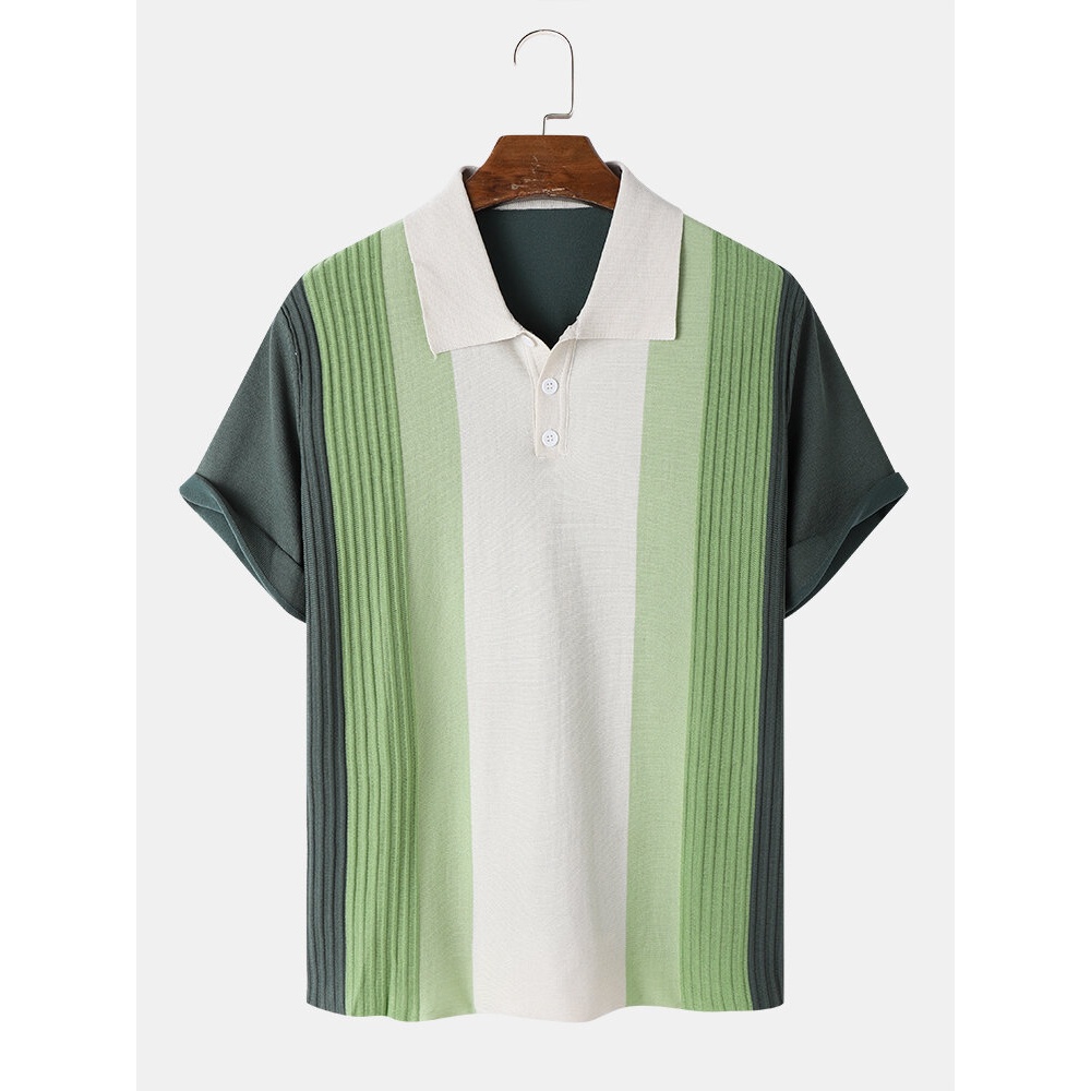 Mens Cotton Streiped Color Block Casual Shirts - Green M
