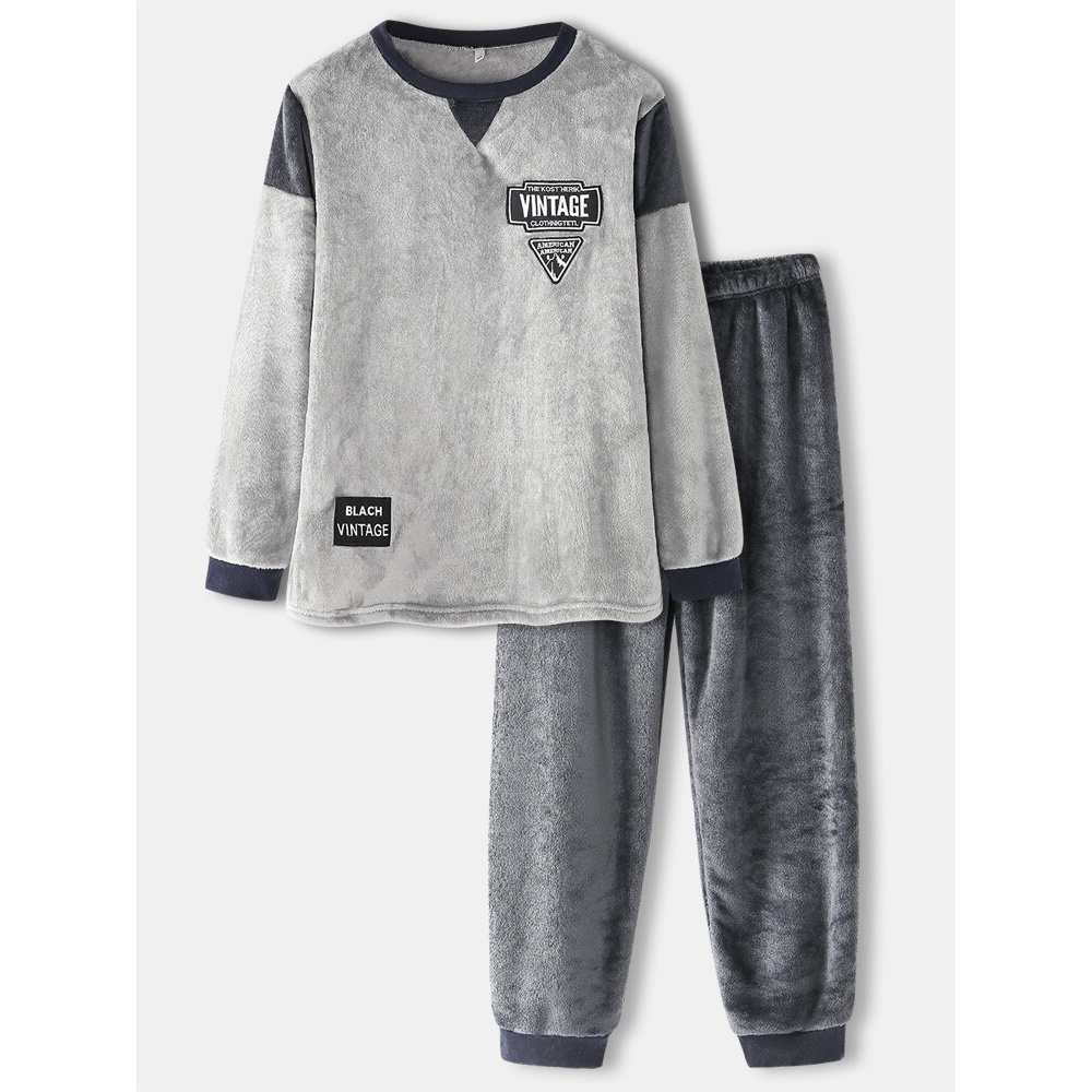 Mens Graphics Flannel Patchwork Sweatshirt Thicken Jogger Pants Home Pajama Set - Grey S