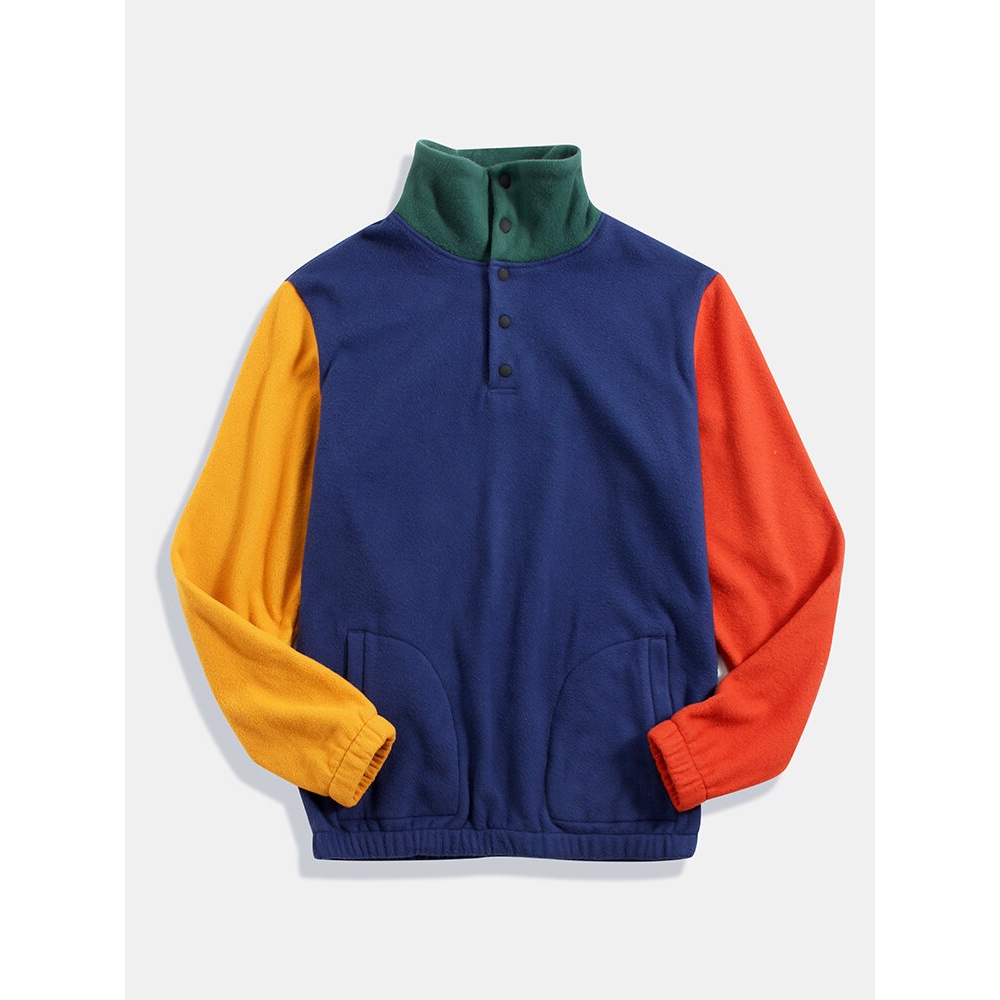 Mens Patchwork Solid Color High Neck Half Open Button Pocket Long Sleeve Sweatshirts - Royal Blue S