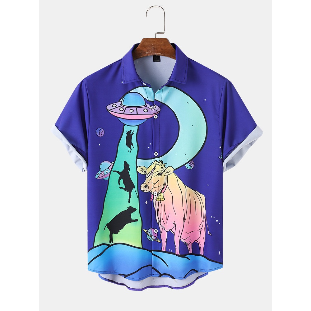 Mens Funny Space Bull Pattern Casual Shirts - Blue XL