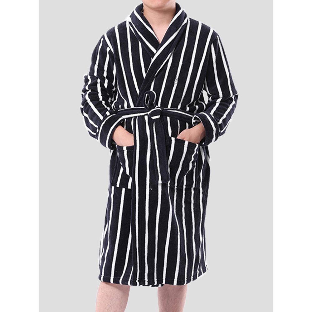 Mens Basic Striped Print Flannel Winter Thick Mid-Length Home Lounge Robes - Black M