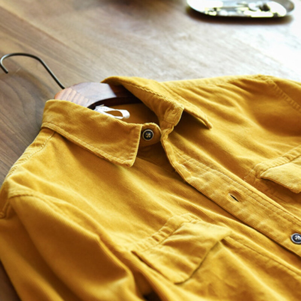 Mens Corduroy Solid Color Double Pocket Long Sleeve Shirts - 3XL Yellow - Image 2