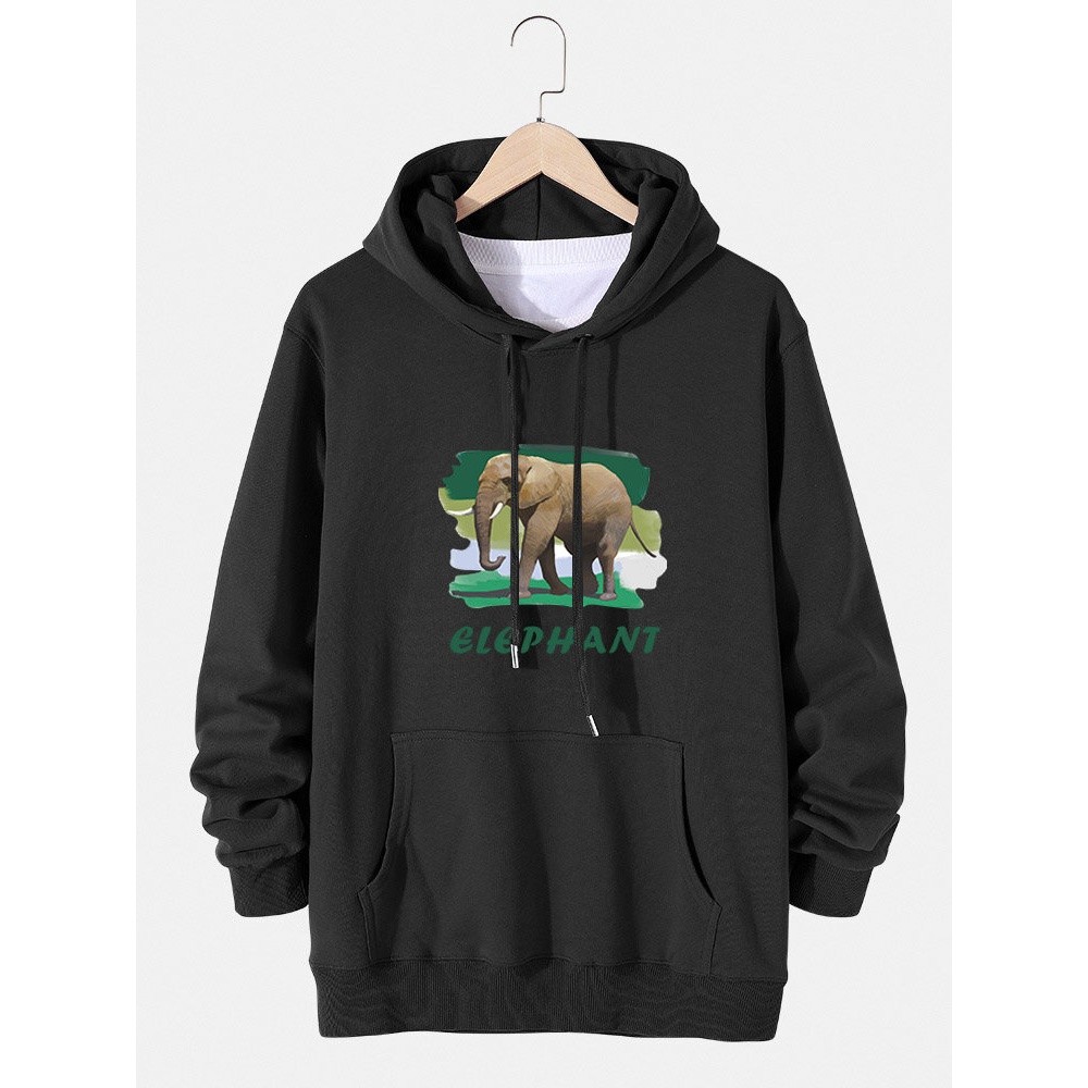 Mens Elephant Letter Graphic Cotton Drawstring Hoodies With Pouch Pocket - Black S