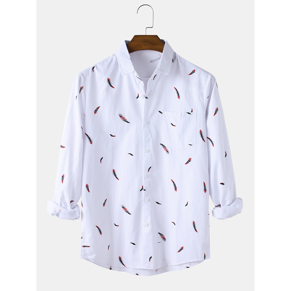 Mens Feather Print Cotton Plain Lapel Regular Fit Long Sleeve Shirts With Pocket - White L