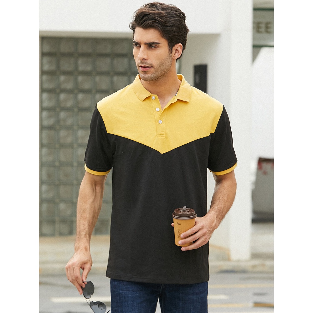 Mens Cotton Patchwork Button Closure Business Golf Shirts - Black XL