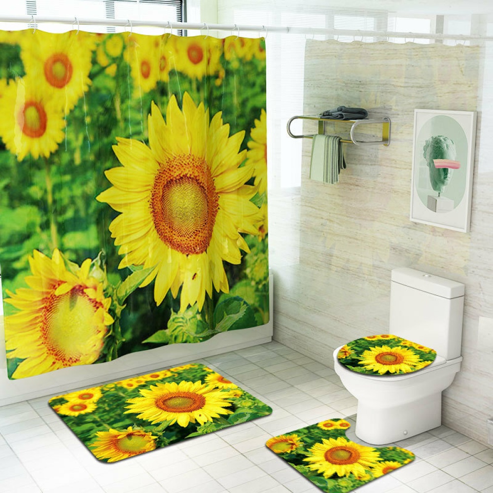 4PCS Non Slip Sunflower Pattern Toilet Polyester Cover Mat Set Waterproof Bathroom Shower Curtains - Type A - Image 2