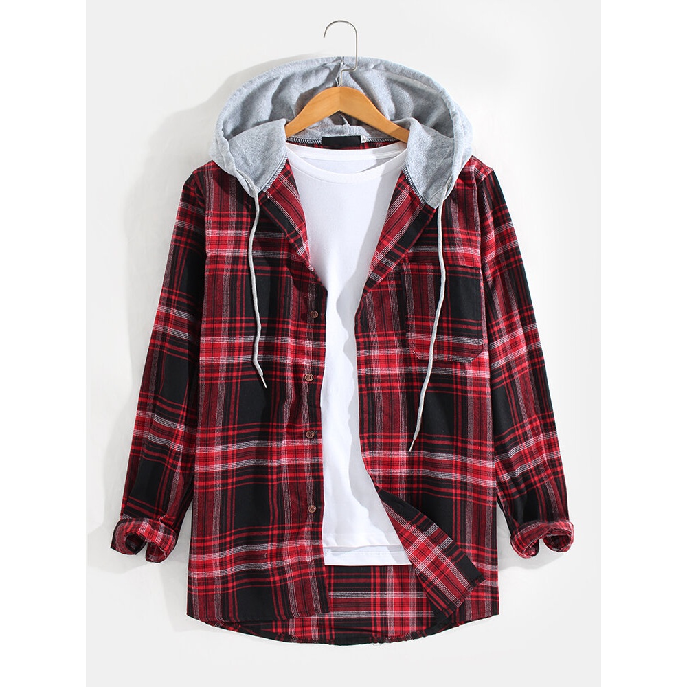 Mens Plaid Patchwork Hooded Chest Pocket Long Sleeve Vintage Shirts - S Black