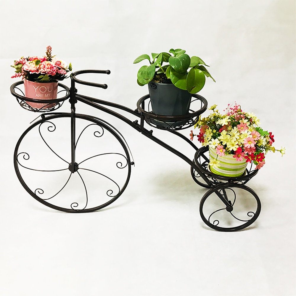 3 Tier Bicycles Plant Stand Metal Flower Pots Garden Decor Shelf Rack - Black - Image 2