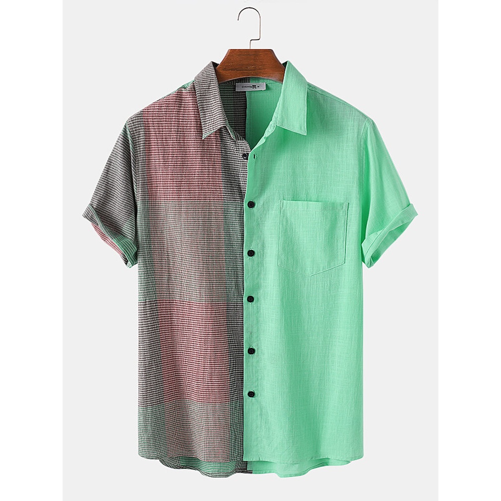 Mens 100% Cotton Patchwork Turn Down Collar Short Sleeve Shirts - Green M