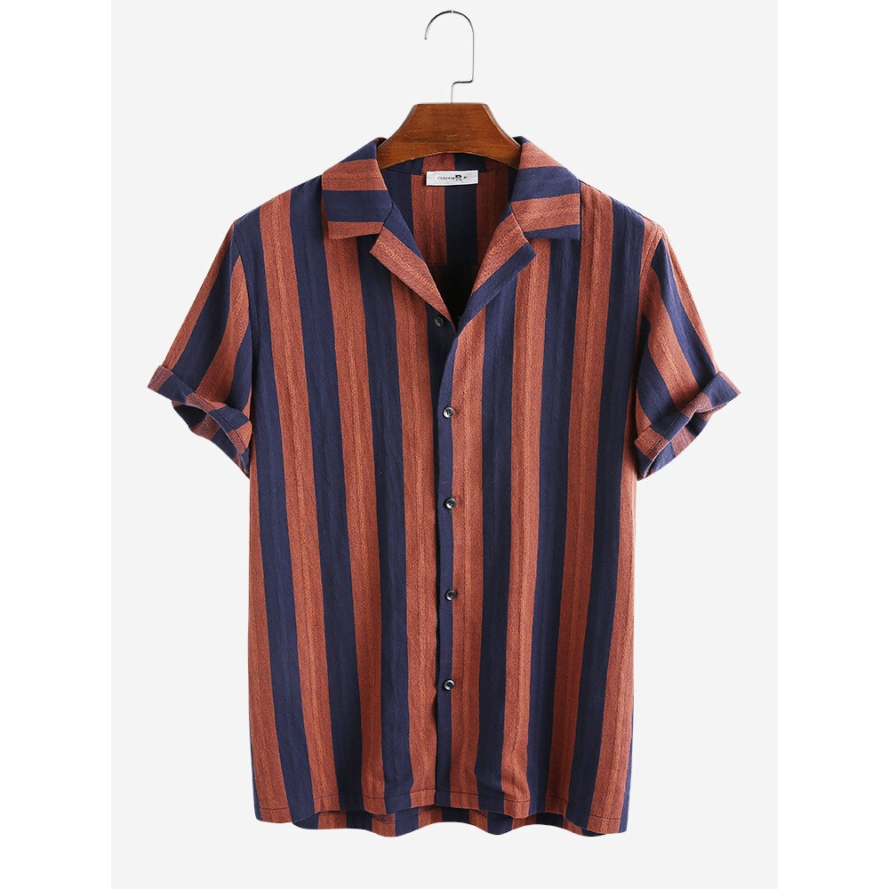 Mens 100% Cotton Vertical Striped Casual Short Sleeve Shirts - Black L