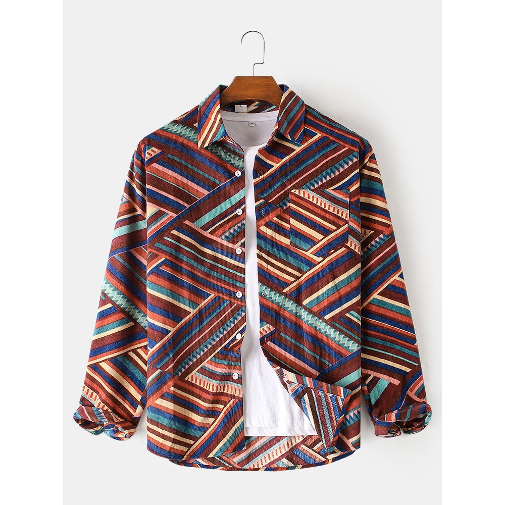 Mens Bohemia Geometric Stripe Print Corduroy Lapel Collar Long Sleeve Shirts - Blue 2XL