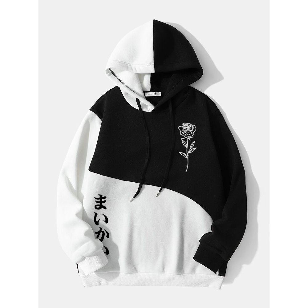 Mens Pattern Rose Japanese Letter Contrast Color Patchwork Hoodies - Black S