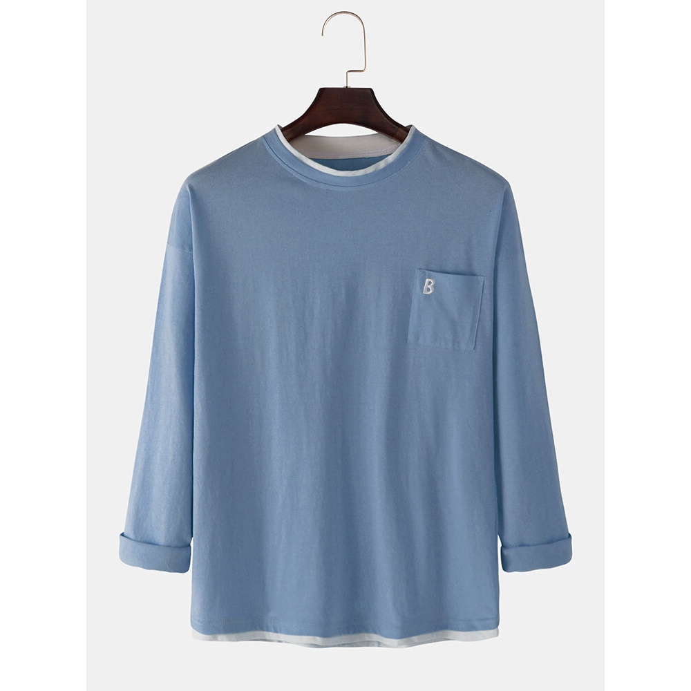 Cotton Letter Embroidery Pocket Long Sleeve Casual T-Shirts - Army Green L