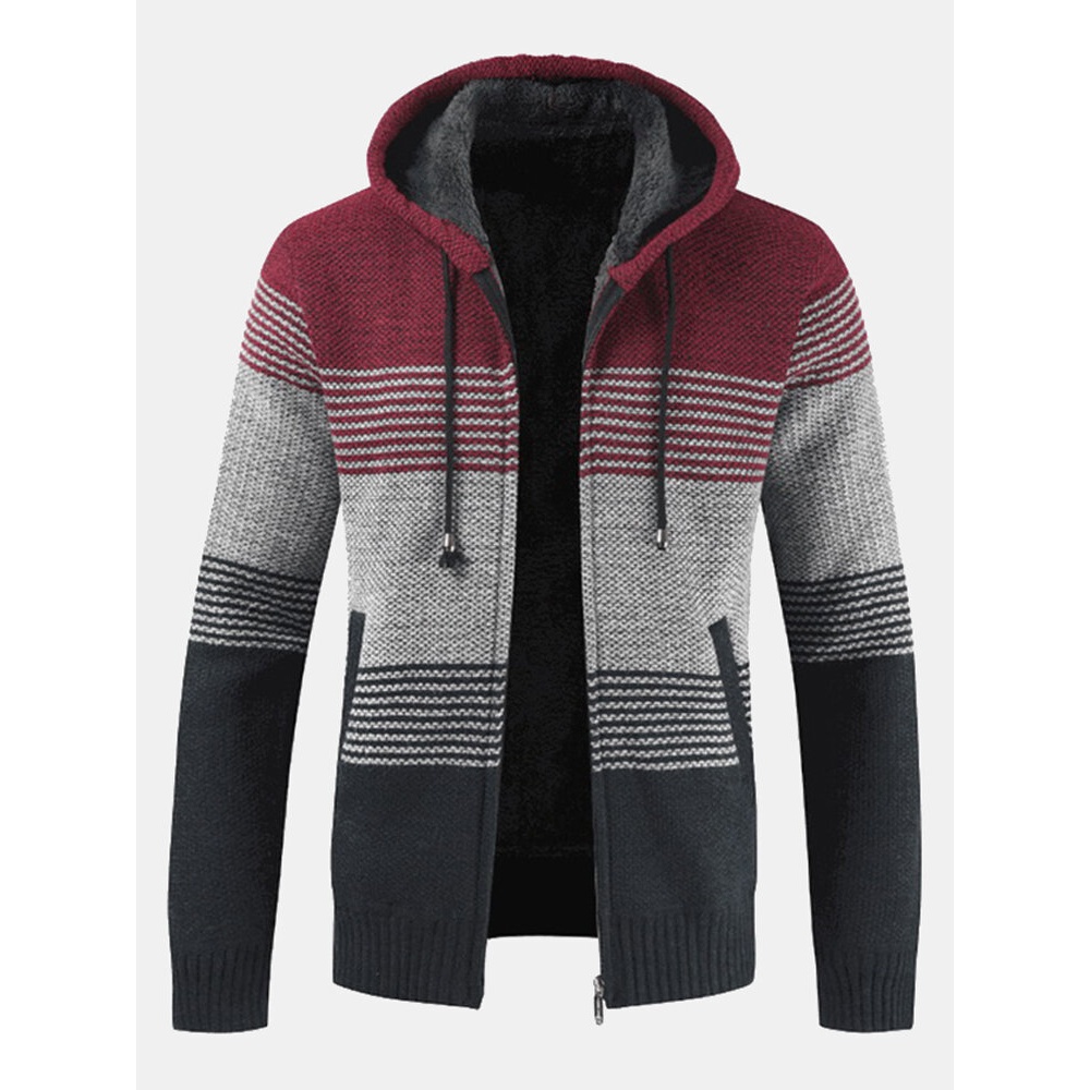 Mens Thick Velvet Casual Thermal Knitting Cardigans Hooded Color Matching Jacket - M Light Gray