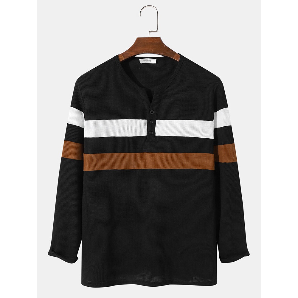 Mens Striped Button Notch Collar Patchwork Henley T-Shirt - Black S