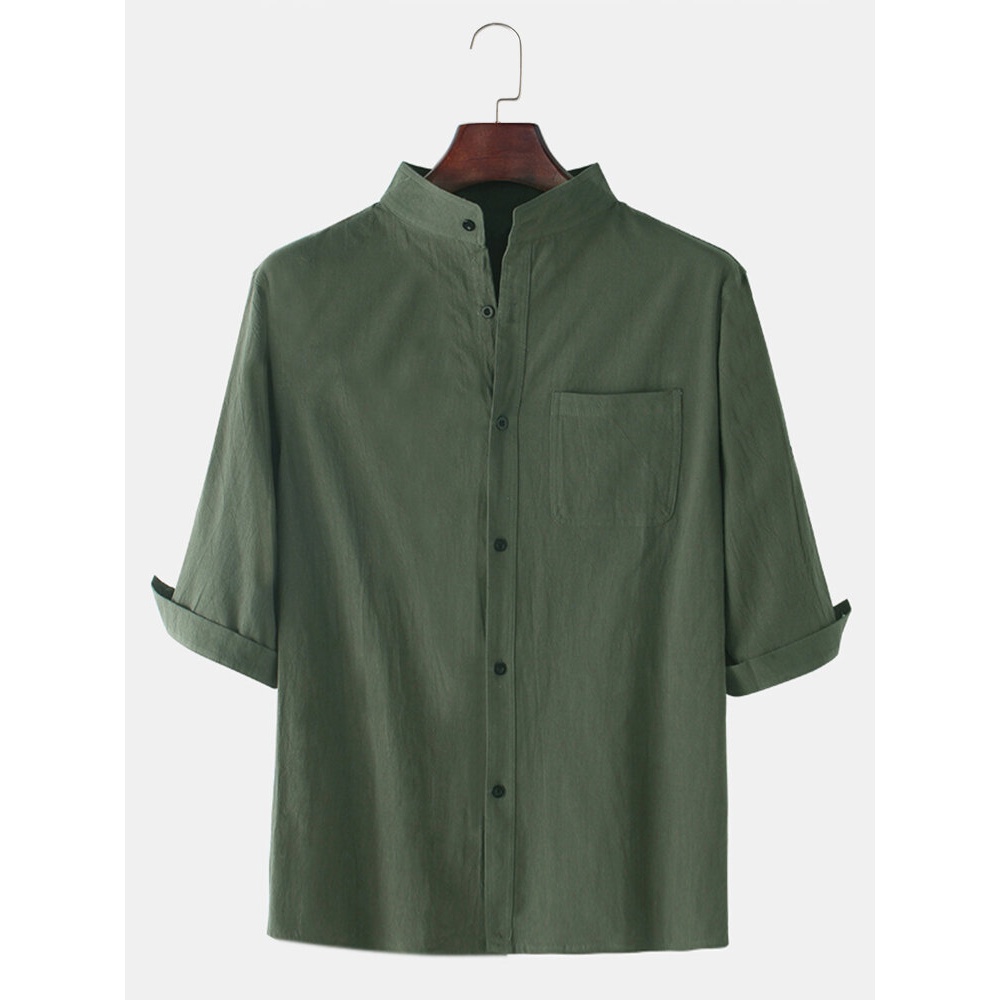 Mens Solid Color Breathable & Thin Chest Pocket Half Sleeve Shirts - White L