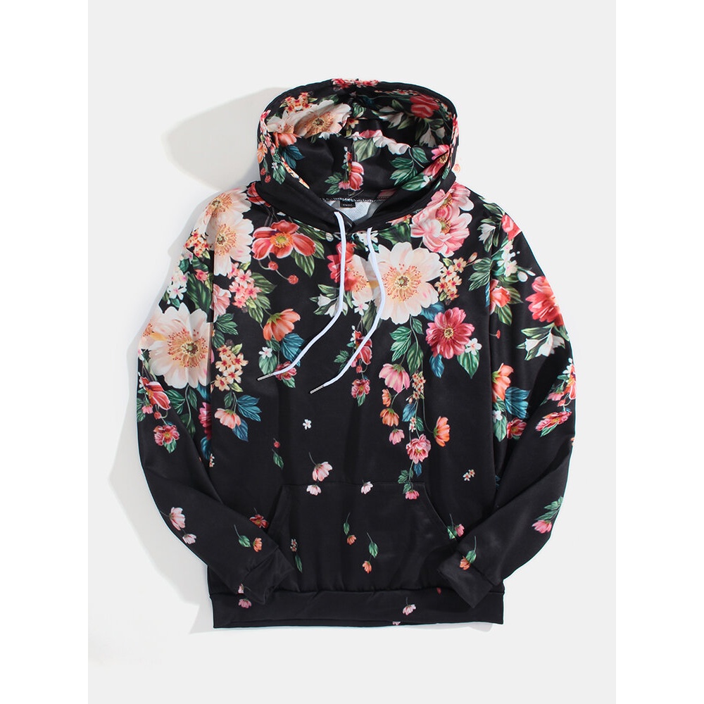 Mens Allover Floral Print Pouch Pocket Casual Drawstring Hoodies - Black M