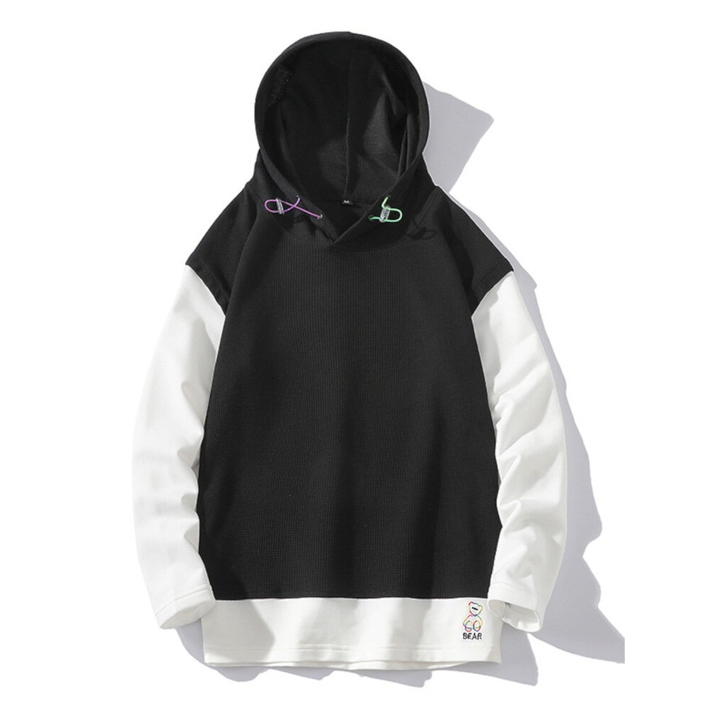 Men Patchwork Embroidery Contrast Color Block Drawstring Hooded Sweatshirt - White S