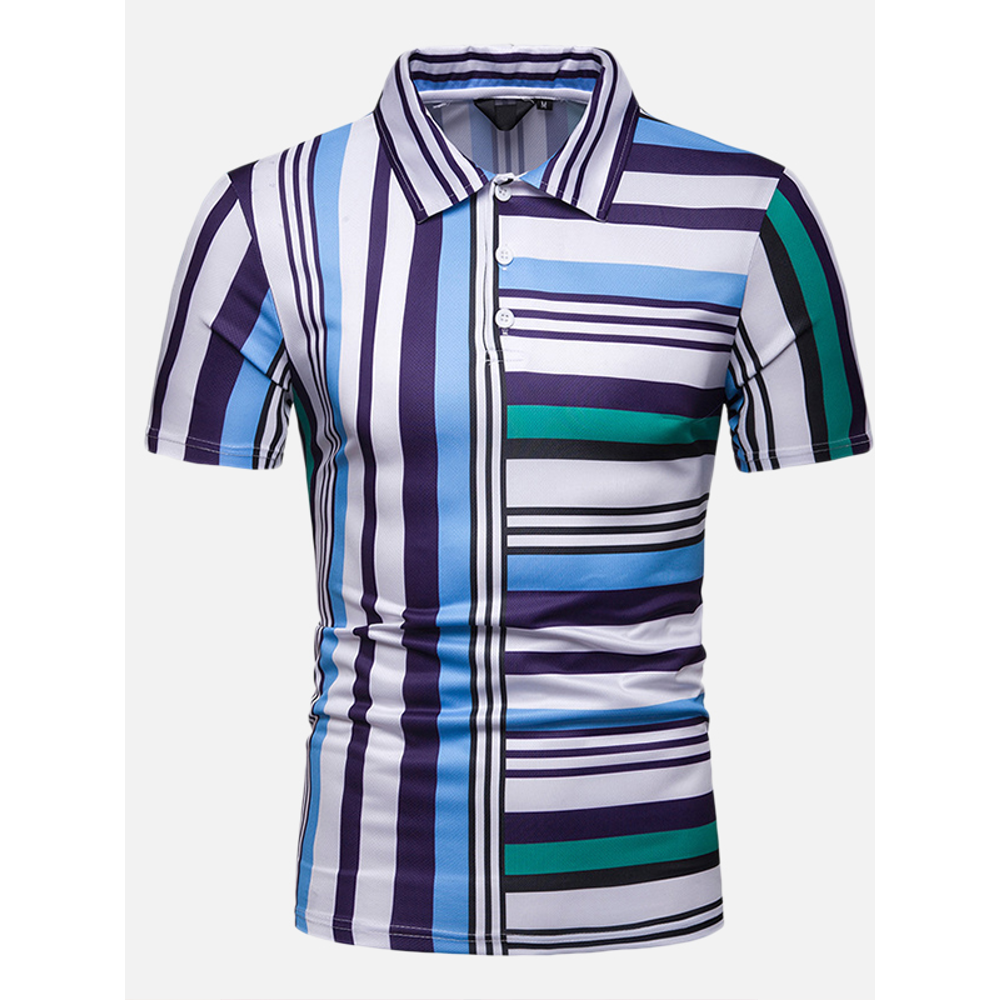 Mens Colorful Striped Printed Comfy Golf Shirts - M Blue